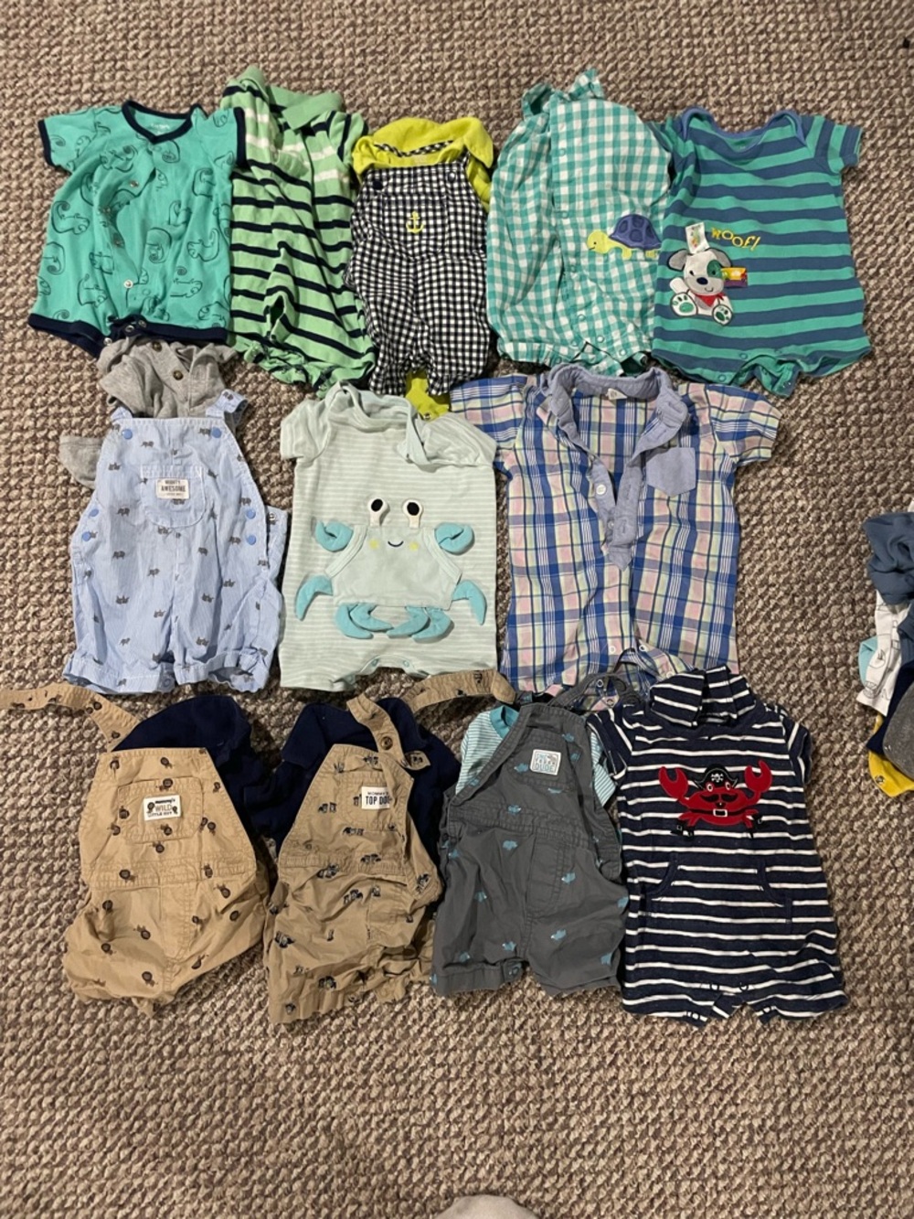 3-6 Month Mixed Baby Boy Romper and Onesie Lot - Greens, Blues, Tan